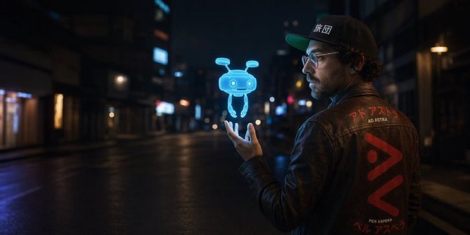A man wearing glasses and a cap holds a glowing blue holographic alien-like creature in his hand on a dark city street at night; his jacket displays red symbols and the text 'AD ASTRA' and 'PER ASPERA'.