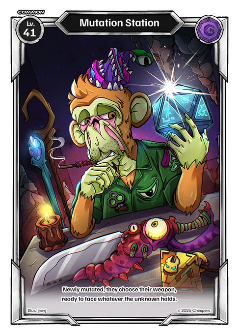 A trading card titled 'Mutation Station' (Lv. 41, COMMON) featuring a cartoon monkey character wearing a party hat and green vest, examining a glowing blue 20-sided die. The card text reads: 'Newly mutated, they choose their weapon, ready to face whatever the unknown holds.' by illu_inaj ©2025 Chimpers.