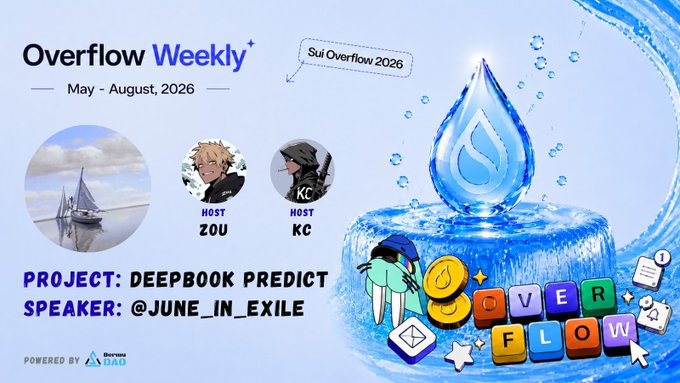 The image features a poster for an event called "Overflow Weekly" that took place in June 2006. The poster includes a blue water droplet, which serves as the centerpiece of the design. There are three people depicted on the poster, each with different colored hair and clothing styles. They appear to be discussing or presenting something related to the event.

The poster also contains text about the project, DeepBook Predict, and the speakers involved in it. The date "May 8-9" is mentioned as well.