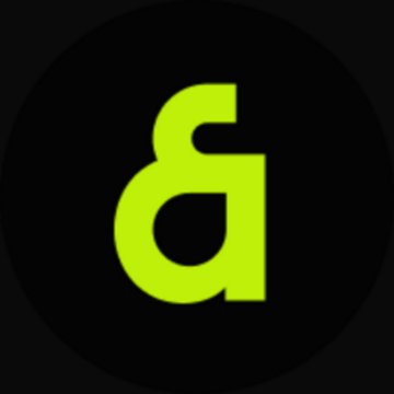 A circular black logo featuring a stylized green letter 'a' or overlapping design in the center.