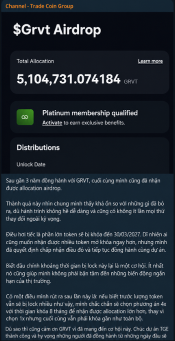 Screenshot from the 'Trade Coin Group' Telegram channel showing a '$Grvt Airdrop' with a Total Allocation of 5,104,731.0741844 GRVT, a Platinum membership qualification, and Vietnamese text discussing the token distribution timeline and lock-up period.
