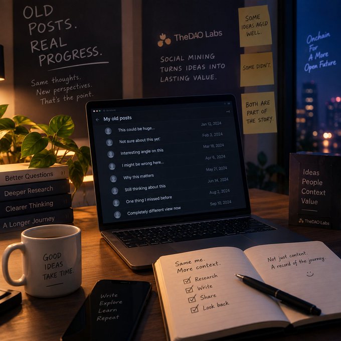 A styled workspace scene shows a laptop displaying a list titled 'My old posts' alongside sticky notes reading 'OLD POSTS. REAL PROGRESS.' and 'SOCIAL MINING TURNS IDEAS INTO LASTING VALUE', with a mug stating 'GOOD IDEAS TAKE TIME' and a notebook listing 'Research, Write, Share, Look back'.