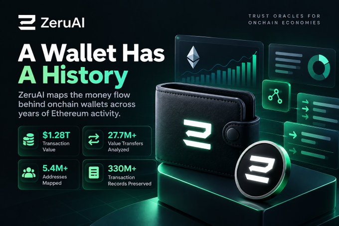 A promotional graphic for 'ZeruAI' titled 'A Wallet Has A History' displays statistics: $1.28T Transaction Value, 27.7M+ Value Transfers Analyzed, 5.4M+ Addresses Mapped, and 330M+ Transaction Records Preserved, alongside an image of a black wallet with an Ethereum logo.