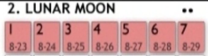 The image displays a "LUNAR MOON" section with seven salmon-colored boxes numbered 1 through 7, each labeled with consecutive dates from 8-23 to 8-29, likely representing a countdown or calendar for upcoming XRP events or price predictions.