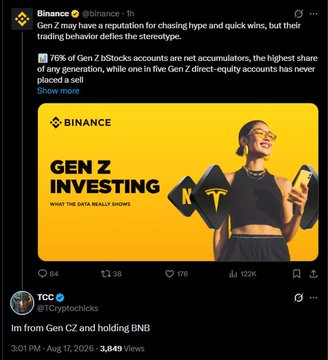 A screenshot of an X (formerly Twitter) post by Binance (@binance) states 'Gen Z may have a reputation for chasing hype and quick wins, but their trading behavior defies the stereotype,' with an image titled 'GEN Z INVESTING' and a quote tweet by @1Cryptohicca saying 'Im from Gen CZ and holding BNB!'