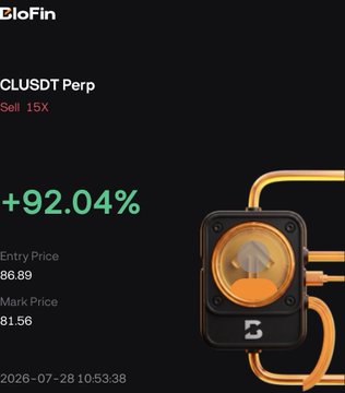 A trading interface for BloFin showing a 'CLUSDT Perp' Sell 15X position with a +92.04% gain, entry price 86.89, and mark price 81.56, dated 2026-07-28.