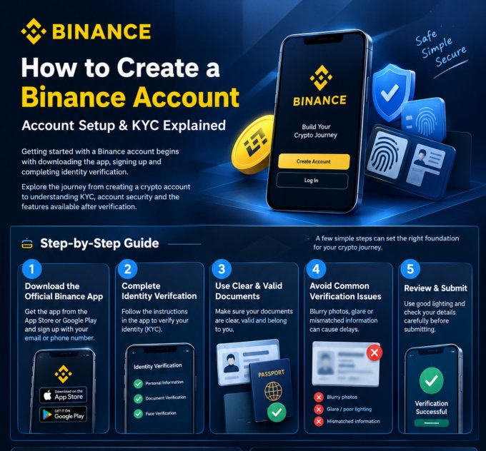 An infographic titled "How to Create a Binance Account: Account Setup & KYC Explained" featuring a step-by-step guide with a smartphone displaying the Binance logo and a Bitcoin icon, outlining five steps: (1) Download the Official Binance App, (2) Complete Identity Verification, (3) Use Clear & Valid Documents, (4) Avoid Common Verification Issues, and (5) Review & Submit. The image visually supports the accompanying post by illustrating the initial step of downloading the official Binance app and registering with email or phone to begin the account creation process.