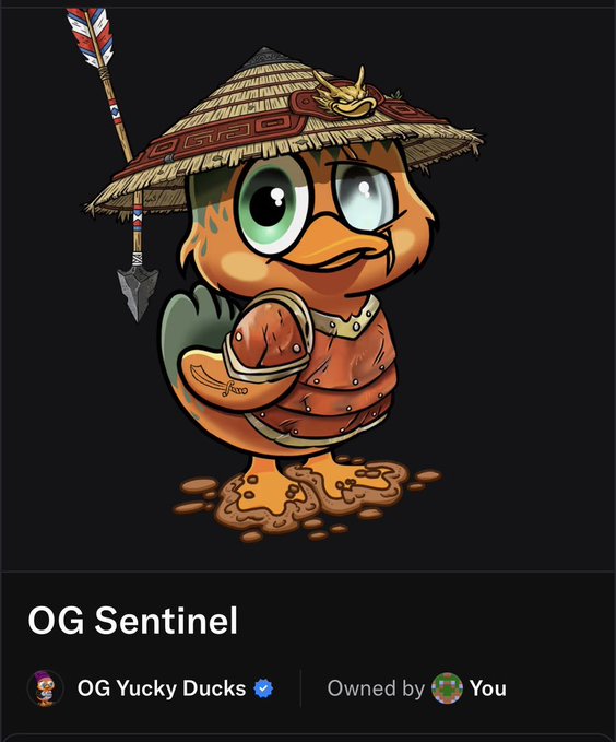 An NFT-style artwork titled "OG Sentinel" shows an orange duck character wearing samurai armor and a straw hat, owned by the "OG Yucky Ducks" collection.