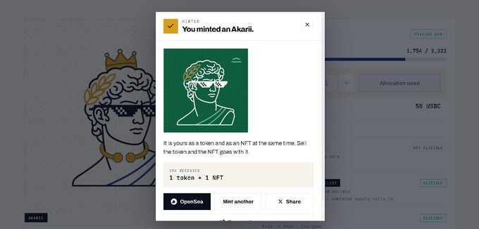 A screenshot showing a confirmation modal that reads 'You minted an Akarii' with a green NFT image, indicating the user received 1 token and 1 NFT, with options to view on OpenSea or share.