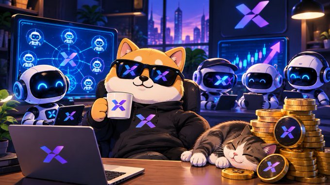 A digital illustration featuring a Shiba Inu dog wearing sunglasses and a black shirt with an 'X' logo, holding a coffee mug, surrounded by small robots, a sleeping cat, stacks of gold coins with 'X' logos, and a laptop.