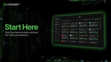 Canopy 'Start Here' dashboard interface claiming free testnet tokens for wallet holders, with chain selections displayed on a dark-themed screen.