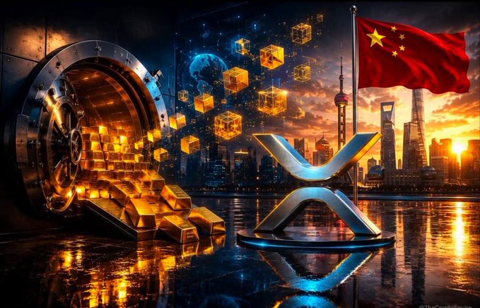 Gold bars spill from a vault beside an "X" symbol and the Chinese flag, visually echoing the unverified rumor of China potentially tokenizing $250B in gold on the XRP Ledger.