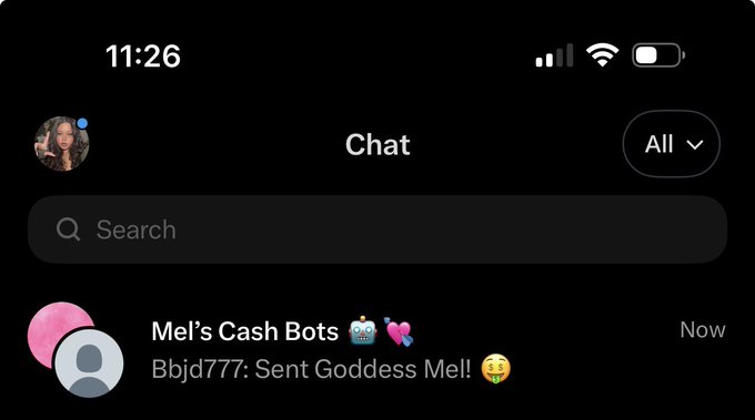 A screenshot of a chat application showing a notification from 'Mel's Cash Bots' that reads 'Bbd777: Sent Goddess Mel! 😭' with the time displayed as 11:26.