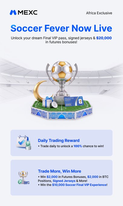 The image features an advertisement for soccer Fever Now Live. It appears to be a sports-related email from an online gaming company called MEXC. The main visual content includes a trophy (a soccer ball and cup), two gift bags, and a picture of a stadium.

In the post itself, it's described as a daily trading reward for winning. The terms "Daily Trading Reward", "Trade more to win more", and the description of the event being in June are highlighted within the content. This could be an invitation to trade items (such as soccer balls or trophies) among friends or potentially related to sports-related gaming experiences offered by MEXC, given their association with soccer Fever Now Live.