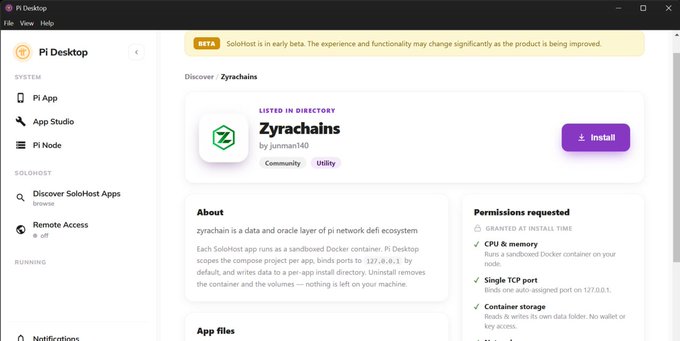 A screenshot of Pi Desktop application showing the 'Zyrachains' app listing in the directory, created by Junman140, with description text about it being a data and oracle layer for the pi network defi ecosystem, and an Install button displayed.
