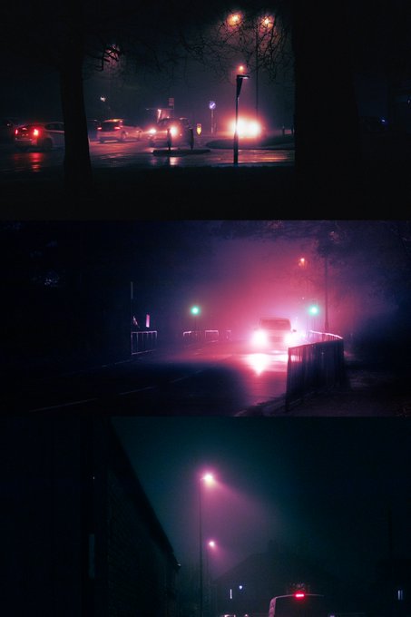 A vertical collage of three moody night photographs shows rainy streets illuminated by red and purple lights from emergency vehicles and street lamps.