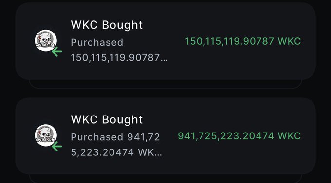 A screenshot of transaction notifications showing two large WKC (Walkscoin) purchases: 150,115,119.90787 WKC and 941,725,223.20474 WKC, both labeled 'WKC Bought'.