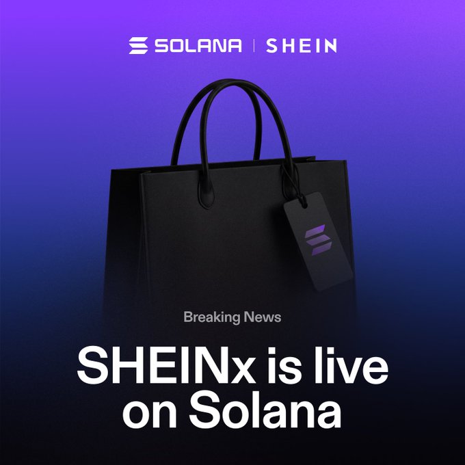 A black shopping bag featuring a Solana-branded tag is displayed against a purple gradient background, with the text "SOLANA | SHEIN" at the top and "SHEINx is live on Solana" announced as "Breaking News" below. The image promotes the launch of SHEIN's tokenization on the Solana blockchain via xStocksFi, coinciding with its Hong Kong Stock Exchange debut.