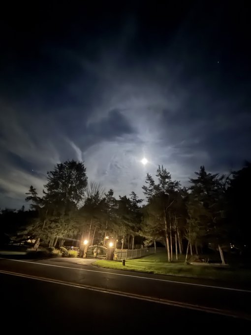 A nighttime photograph captures the moon glowing brightly through wispy clouds above a silhouetted treeline and a warmly lit suburban street.