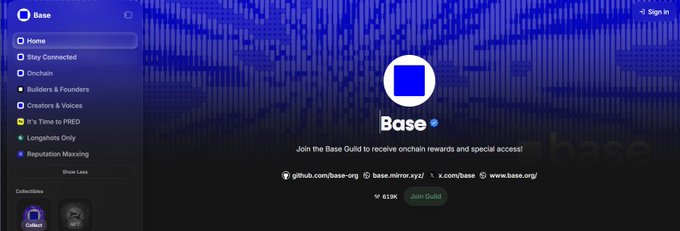 A screenshot of the Base Guild Discord server landing page displays the Base logo with the text "Join the Base Guild to receive onchain rewards and special access!" alongside social links (github.com/base-org, base.mirror.xyz, x.com/base, www.base.org), 619K members, and a "Join Guild" button, with a left sidebar showing channels like Home, Stay Connected, Onchain, Builders & Founders, Creators & Voices, It's Time to [RED], Longshots Only, and Reputation Maxxing—illustrating the Guild referenced in the Turkish caption about re-checking Base Guild for newly added roles based on onchain activity and Base transaction count.