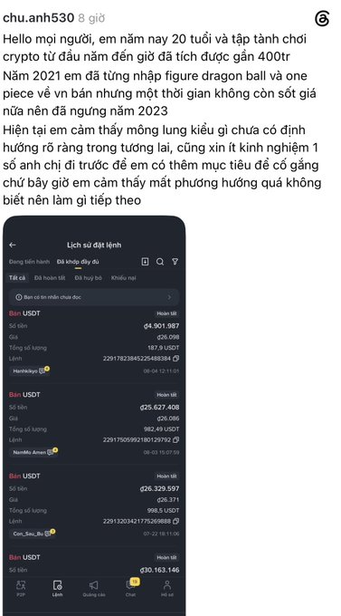 A Vietnamese social media post from user 'chu.anh530' describing a 20-year-old's cryptocurrency trading journey, showing their Binance order history with USDT transactions totaling approximately 400 million VND in gains and losses.