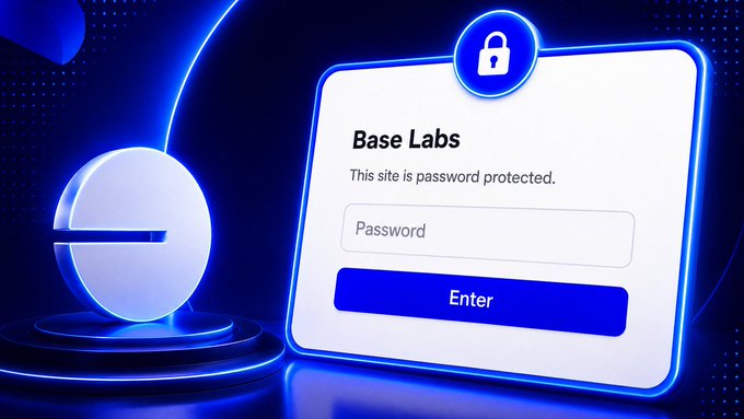A digital security graphic showing a password-protected login screen for 'Base Labs' with a padlock icon, an 'Enter' button, and a stylized 3D lock symbol set against a blue neon-lit background.