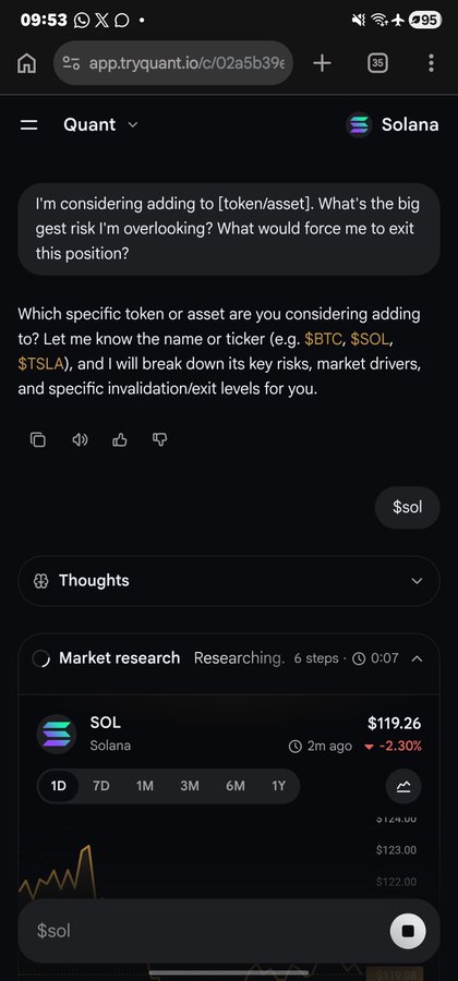 A mobile screenshot of a chat interface called 'Quant' on app.tryquant.io discussing adding to the $SOL (Solana) token, showing market research with the current price at $119.26, down -2.30%.