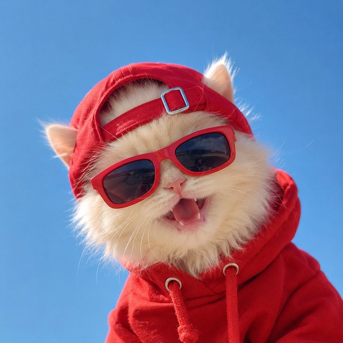 A fluffy white cat wearing a red backwards baseball cap, red sunglasses, and a red hoodie with its mouth open against a blue sky background.