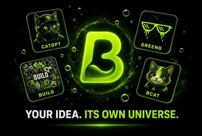 A promotional image features a large glowing green letter 'B' with surrounding app icons including 'CATGPT', 'GREENG', 'BUILD', and 'BCAT', with the text 'YOUR IDEA. ITS OWN UNIVERSE.'