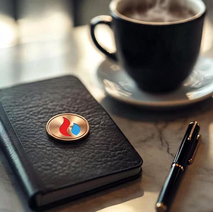 A black leather planner with a circular red and blue emblem sits on a marble surface next to a black and gold pen, with a steaming cup of dark coffee on a saucer in the background.