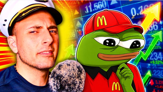 A digital collage featuring a man in a captain's hat on the left, a Peppa-like cartoon frog wearing a McDonald's cap and uniform on the right, set against a stock chart background.