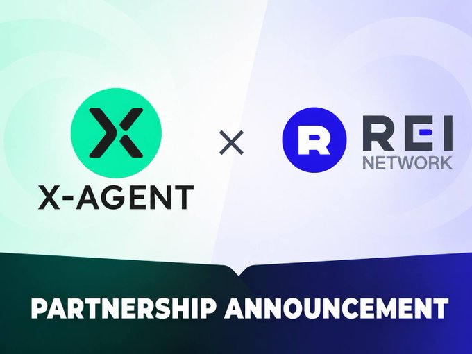 The image features two logos side by side, one for X-Agent and another for REI Network. The text "X-Agent @GXChainGlobal We're excited to partner with REI Network" is written below each logo. This suggests that both companies are collaborating on a project or partnership in the technology sector.