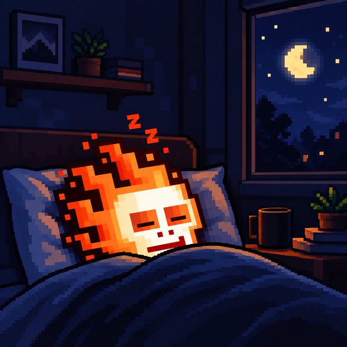 A pixel art scene of a flaming skull character peacefully sleeping in bed with 'Zzz' floating above, in a dark room with a moonlit window and a mug on the nightstand.