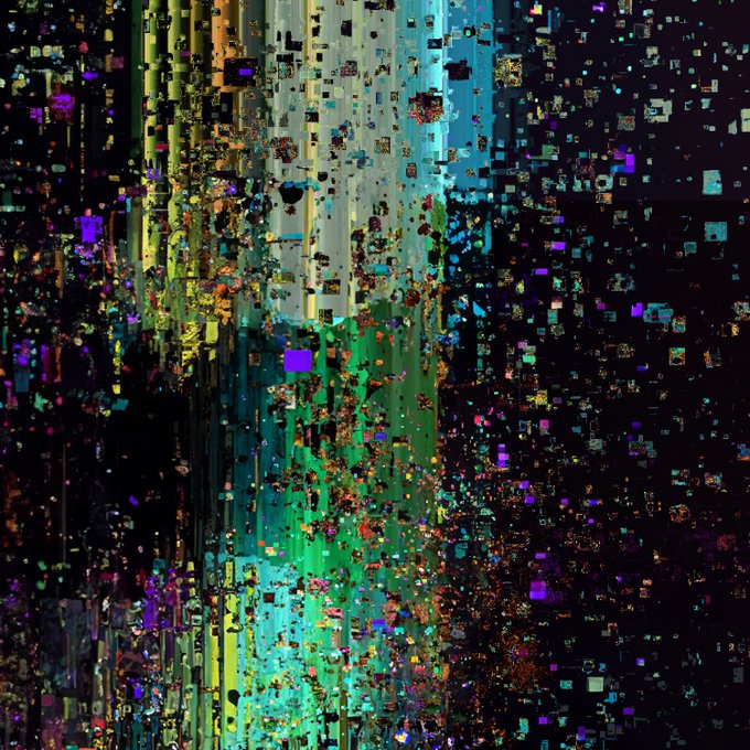 An abstract digital artwork features vertical streams of glitchy pixels in green, yellow, and blue against a dark background.