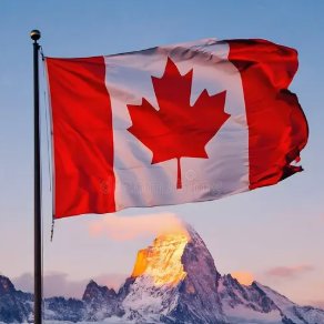 The Canadian flag waves prominently in the foreground, set against a backdrop of snow-capped mountains beneath a clear blue sky. The image reinforces the post's focus on Canadian banking innovation, with the national symbol signaling that tokenized Canadian-dollar deposits represent a homegrown financial initiative by the country's six largest banks.