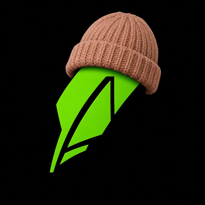 A stylized green lightning bolt logo wearing a knitted salmon-pink beanie is centered against a black background.