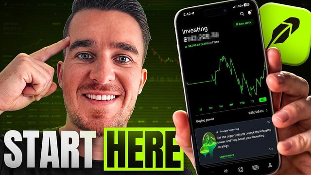 A YouTube thumbnail showing a man pointing to his head next to a Robinhood app interface with 'START HERE' text and stock chart.