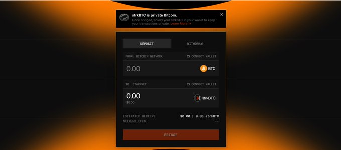 A cryptocurrency bridge interface shows the conversion of BTC (Bitcoin Network) to strkBTC (Starknet), with "DEPOSIT" and "BRIDGE" buttons and an estimated receive of $0.00.