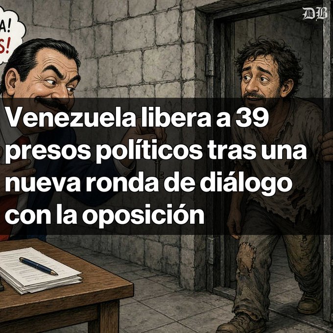 A political cartoon illustration with Spanish text reading 'Venezuela libera a 39 presos políticos tras una nueva ronda de diálogo con la oposición', depicting a well-dressed man with a mustache speaking to a disheveled prisoner.