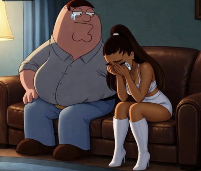 Cartoon-style image of a large man resembling Peter Griffin sitting on a couch next to a crying woman in a white top and tall boots, both with tears streaming down their faces.
