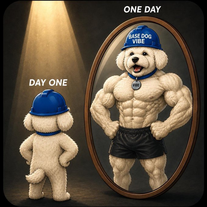 A motivational illustration showing a fluffy white dog wearing a blue hard hat, labeled 'DAY ONE', standing before a mirror that reflects a muscular version of itself wearing a 'BASE DOG VIBE' cap and shorts under the label 'ONE DAY'.