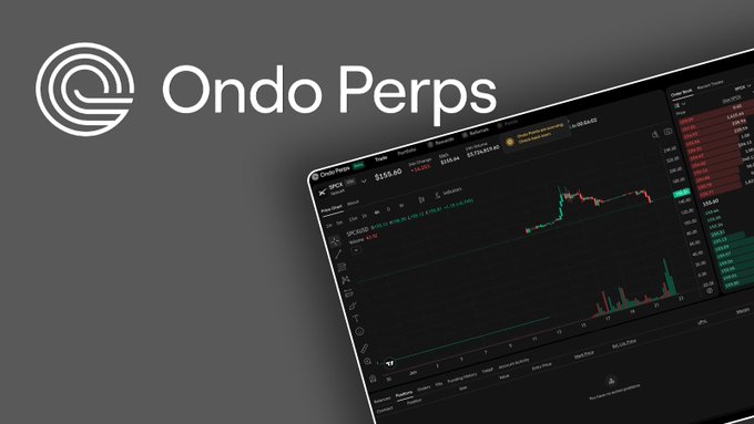 'Ondo Perps' logo alongside a screenshot of a trading platform displaying SPCX/SOL price charts.