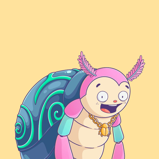 A cartoon snail character with a pink body, teal and dark blue swirled shell, and a gold chain necklace.
