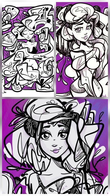 A purple and black artwork featuring stylized female figures in three separate panels.