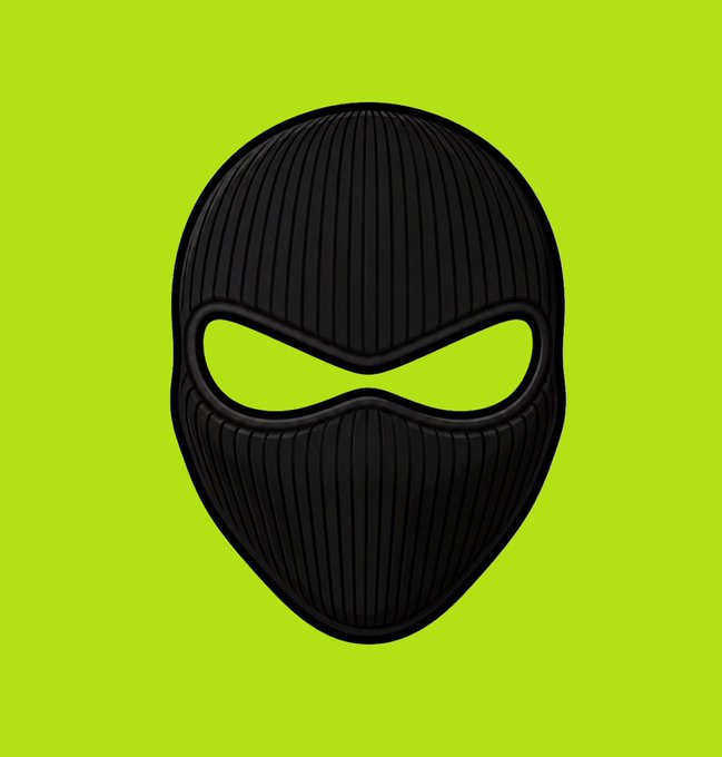 A 3D rendering of a black ribbed balaclava ski mask with eye holes displayed against a bright lime-green background.