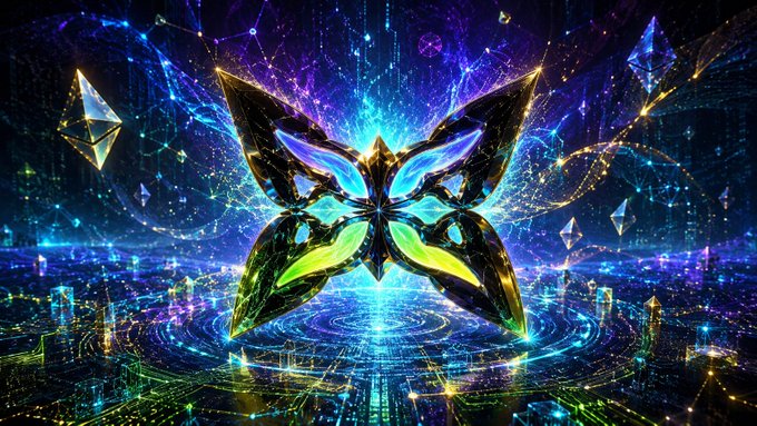 The image features an abstract art piece with a large butterfly-like design at its center surrounded by blue and green lights. The butterfly has multiple wings spread out, giving it a sense of movement and dynamism. The background consists of various shapes and colors that create a vibrant and energetic atmosphere. The post asking "How do we create scarcity?" seems to be referencing the uniqueness and exclusivity of the NFT collection displayed in the image.