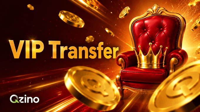 A flashy gambling advertisement banner reading 'VIP Transfer' by Qzino, featuring a red and gold throne with a crown surrounded by flying gold coins.