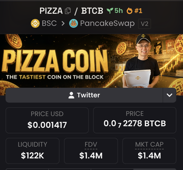 The image displays a PancakeSwap V2 token page for "PIZZA COIN" ($PIZZA/BTCB) on BSC, featuring "The Tastiest Coin on the Block" branding and showing metrics of $0.001417 price, $122K liquidity, $1.4M FDV, and $1.4M market cap.

The image contradicts the post's claim, as the displayed market cap is $1.4M rather than the $3.46M stated, and shows BTCB (not BNB chain) as the trading pair.