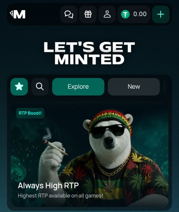 Mobile app screen with dark theme featuring 'LET'S GET MINTED' text and an image of a bear wearing sunglasses, a rasta hat, and a marijuana-leaf shirt holding a joint, advertising 'Always High RTP' with an 'RTP Boost' tag.
