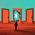 A surreal 3D render showing a small figure walking on a red surface toward three large orange doors, with a play button icon hovering in the center.